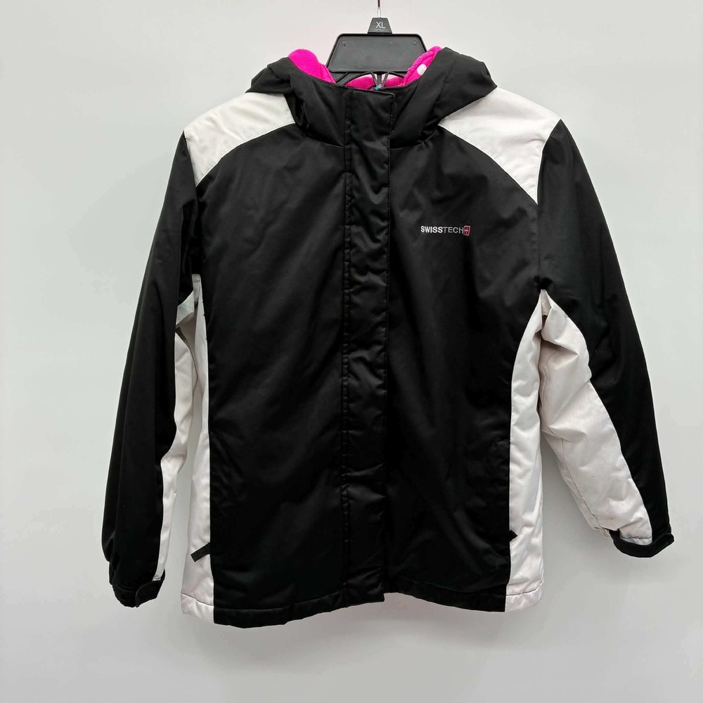 Swiss Tech Jacket Girls L 10-12 Black White Pink Fleece Lined Hooded Winter Coat